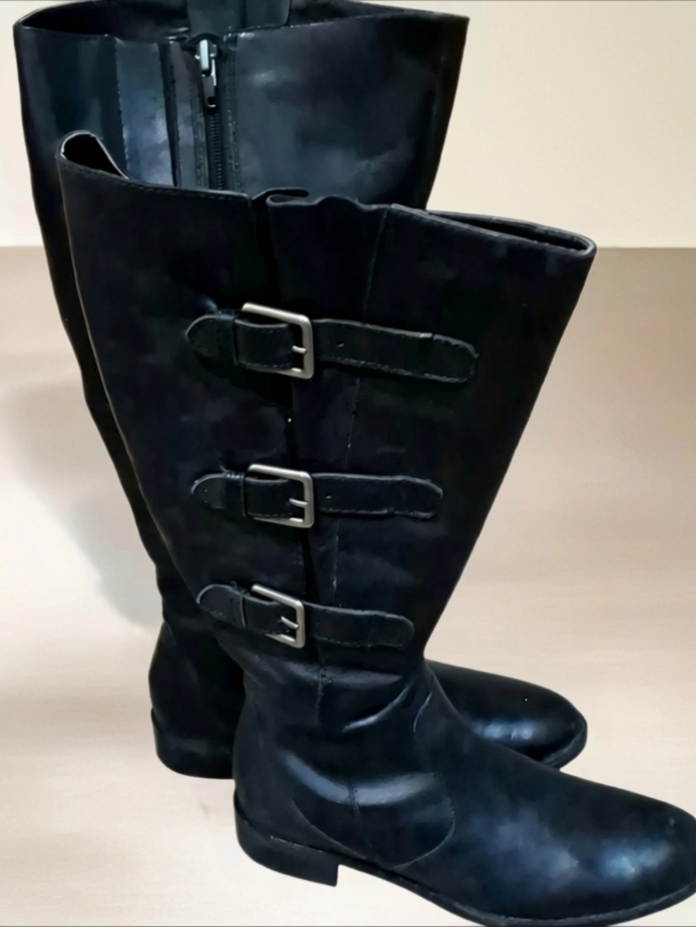 Ecco Black Knee-High Triple Buckle Heeled Boots